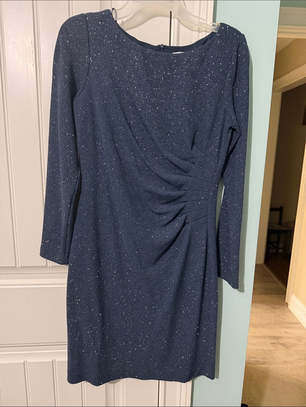 Eliza J Navy Sparkle Long-Sleeve Ruched Sheath Dress